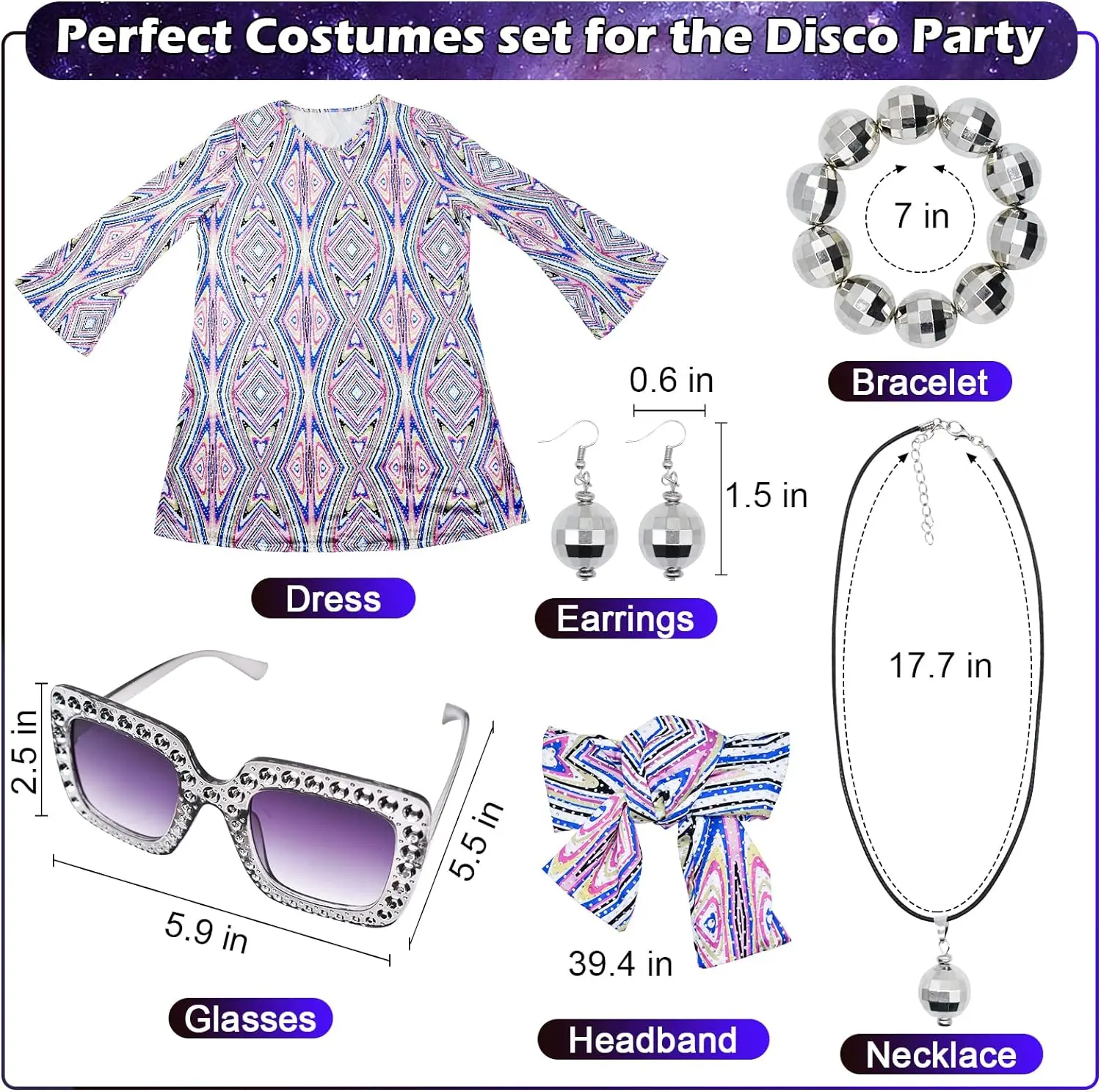 70s Women Disco Dress Hippie Costumes Necklace Earrings Glasses, 60\'s 70\'s Birthday Outfits, 1970s Prom Bling Dress