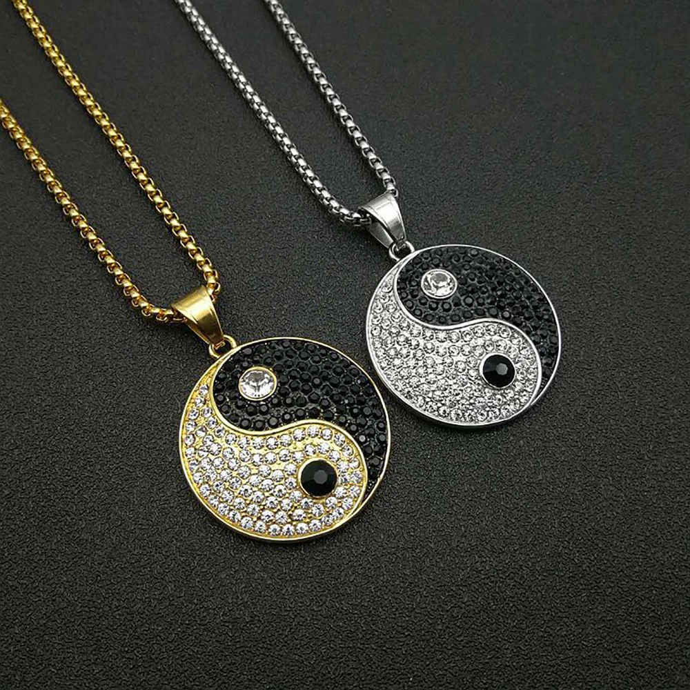 Hip Hop Iced Out Gossip Yin Yang Pendant Necklaces Gold Color Stainless Steel Round Aumlet Necklace For Men Women Jewelry Gift