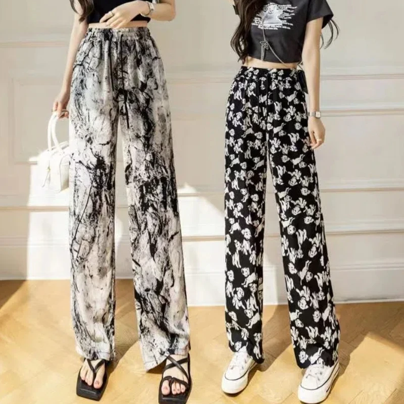 

Fashion Minimalist Commute Summer Pants Women's High Waisted Loose Geometric Printed Straight Casual Ice Silk Wide Leg Trousers