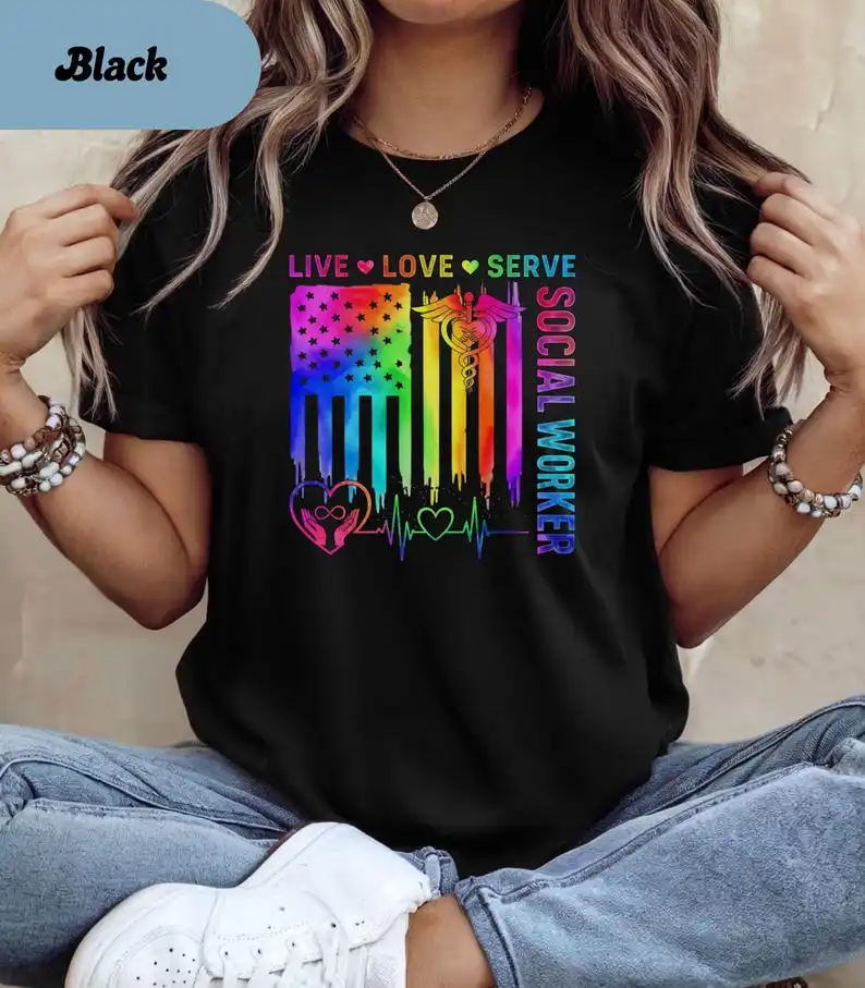 Social Worker T Shirt, Live Love Serve Rainbow Flag Tee, Social Work Appreciation Shirt, Helping Hands Heartbeat Top