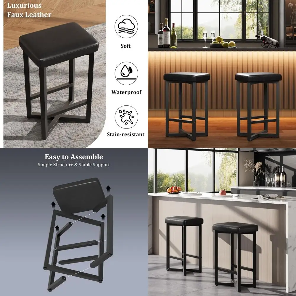 

Set of 2, 24.6 Counter Height Bar Stools, Upholstered PU Leather Seats, Metal X-Base, Ideal for Modern Kitchen, Dining Room, Hom