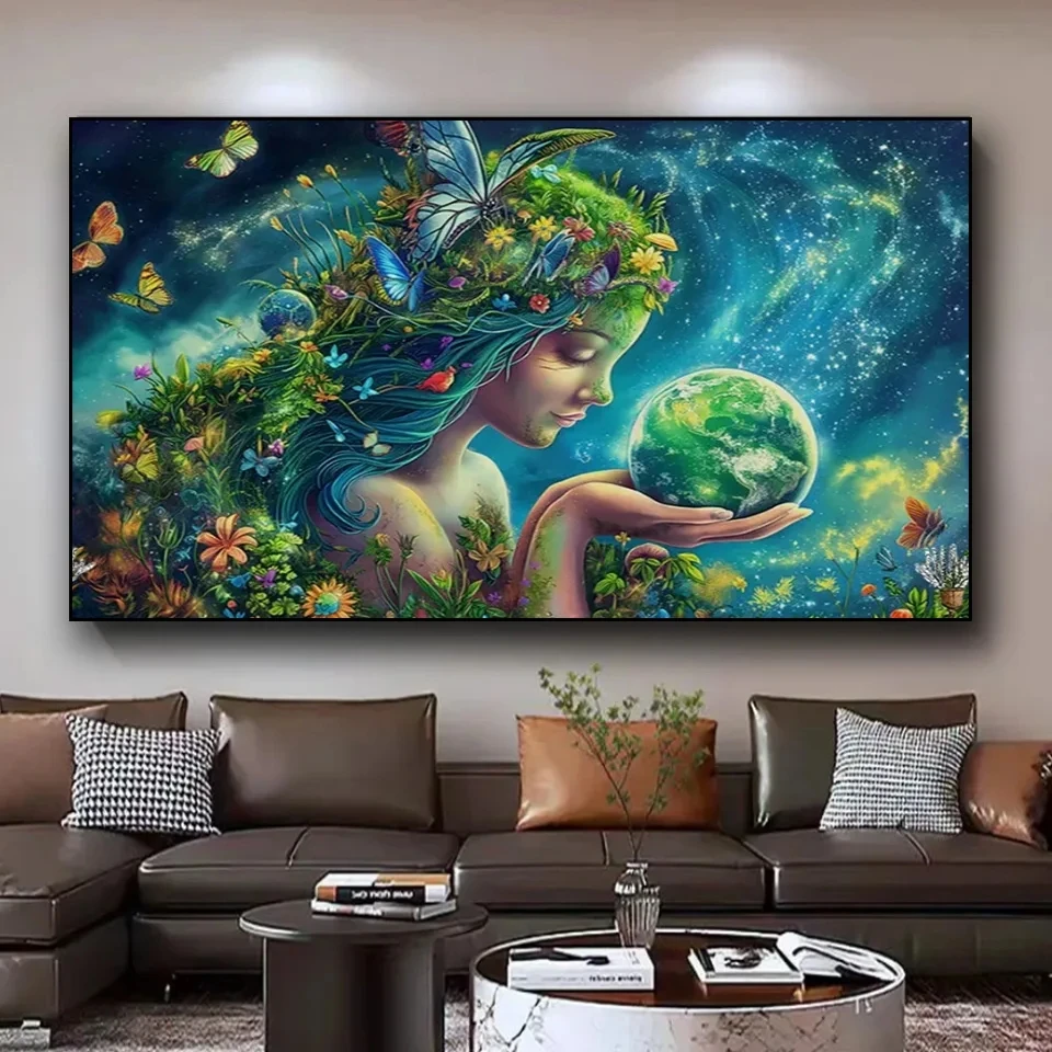 Fairy Of Elves And Flower Holding a Planet in Her Hands Diamond Art Painting,DIY Full Drill Crystal Rhinestone Crafts,Home Decor