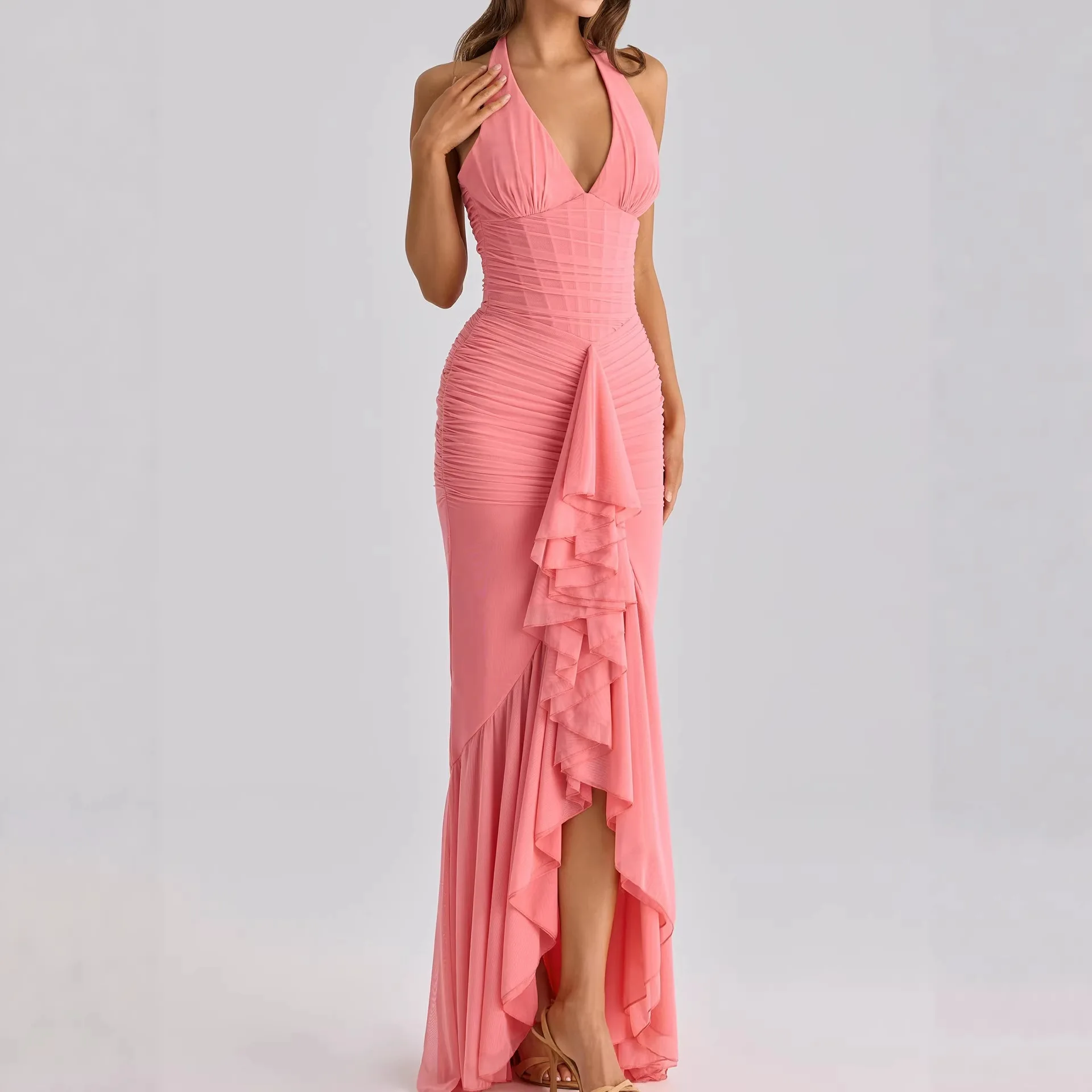 2026 Spring Summer Women's Ruched Irregular Hem Mesh Evening Dress Dresses