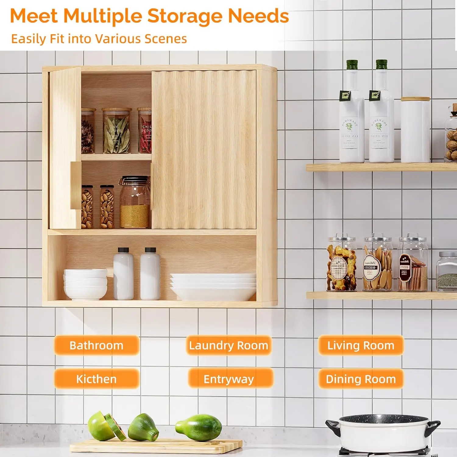 

Fluted Medicine Cabinet Wall Mount Over Toilet Storage Bathroom Laundry Kitchen Small Hanging Natural Oak,Customized