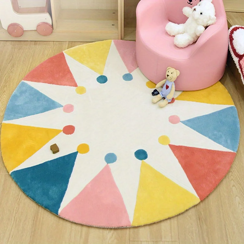 Colorful Geometric Round Play Mat for Kids Nursery Decor Soft Plush Baby Activity Carpet Rug for Living Room Home Use