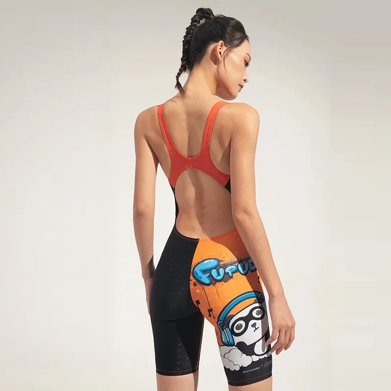 Women Professional Trainning Swimwear Competition Knee Length Waterproof Chlorine Resistant Female Sharkskin Swimsuit