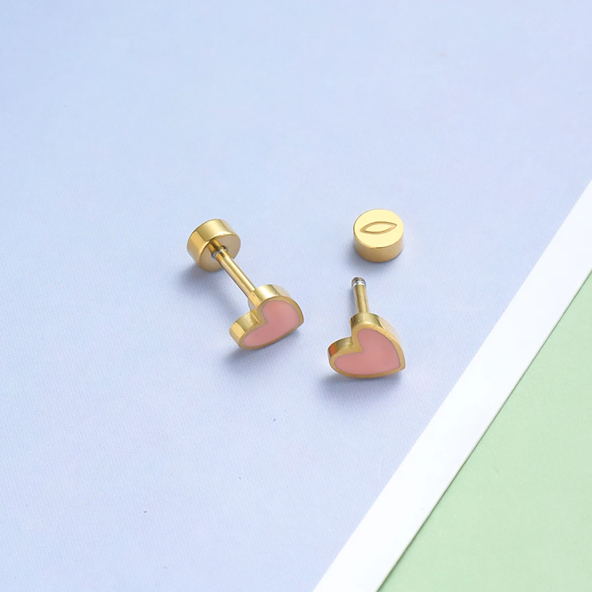 G&D Small Tiny Cute Colorful Enamel Pink Gold Plated Heart Sequin Stainless Steel Earring 18k Gold Plated Stud Jewelry For Women