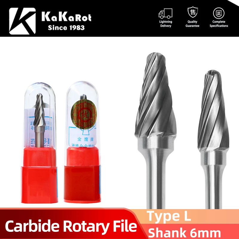 

KaKarot 6mm Shank L Type Tungsten Carbide Rotary Files L0616C06 Single Burr Drill Bit CNC Engraving Rotary Tool Cutter Lime Core