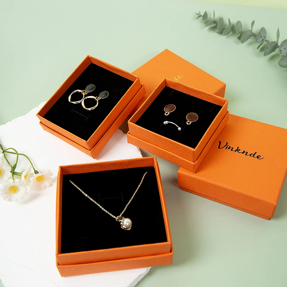 صندوق مجوهرات فاخر مخصص للسفر منظم هدايا تخزين الورق المزخرف باللون البرتقالي مع شعار أقراط مطبوعة وخواتم للمجوهرات #3