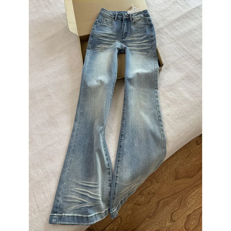 

2026 Summer Light Blue Washed Bell Bottom Jeans High Waist Straight Leg Slimming Knife Casual Cotton Polyester Blend