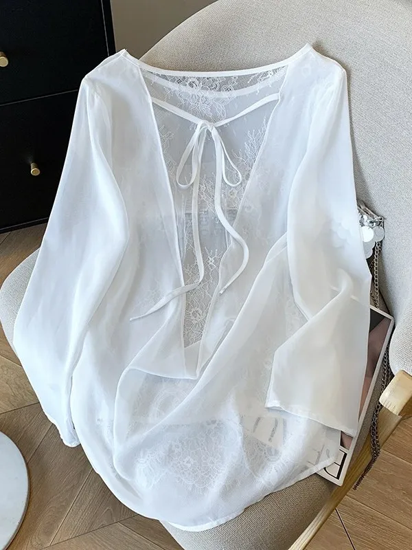 

Pure Desire Lace Back Splice Thin Mesh Cover up Women's Summer Thin Outerwear Loose Slimming Sun Protection Long Sleeve T-Shirt