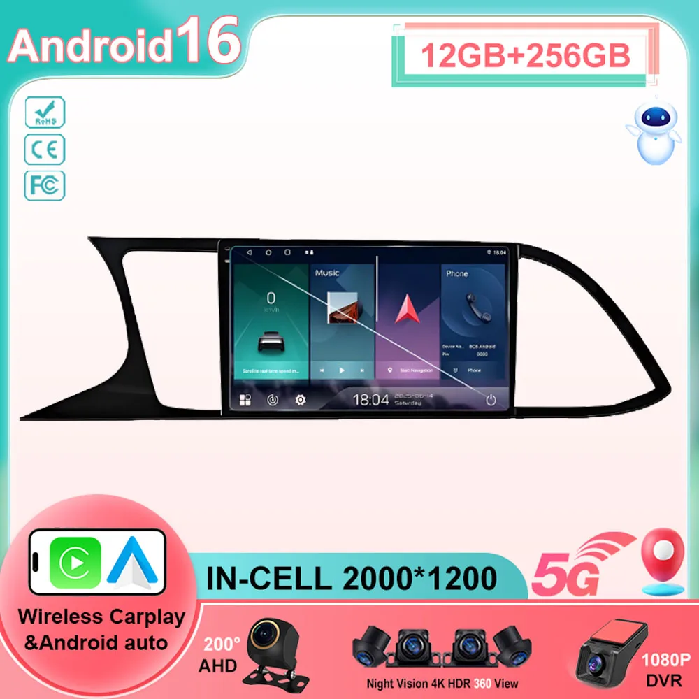 Android 16 Radio de coche Carplay Auto para Seat Leon 3 MK3 2012-2020 navegación GPS 5G WIFI reproductor de vídeo Multimedia cámara estéreo