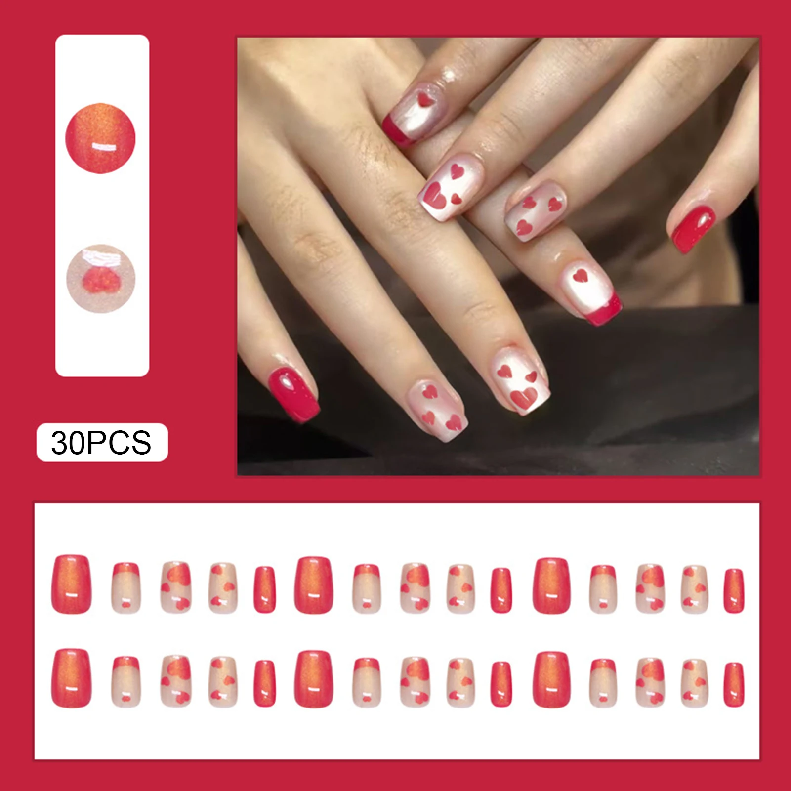 Unhas falsas francesas rosa brilhante, 30 peças, prensa quadrada curta em unhas, amor, coração, impresso, charme destacável, suprimentos para unhas de manicure