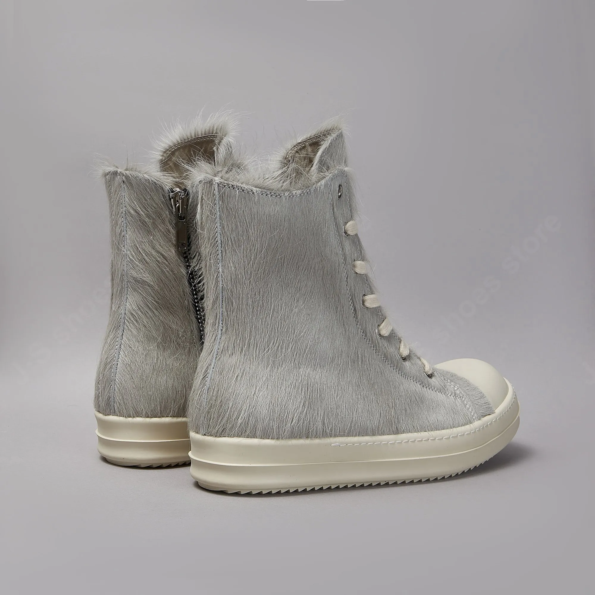 Ricks design clássico masculino owens sapato de cabelo de cavalo feminino tênis de cano alto cinza sapatos de crina com zíper rendas até botas tênis planos