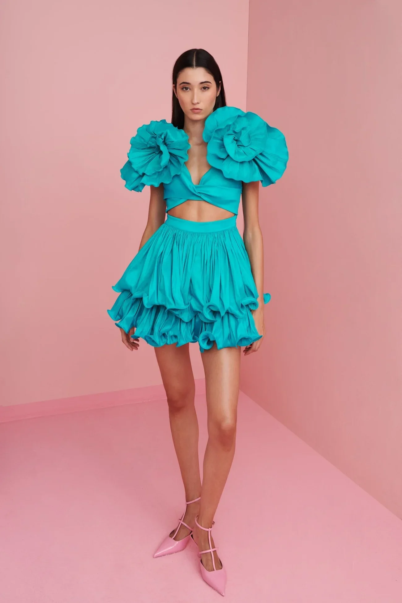 Pretty Aqua Blue Mini Dress 2025 Spring Collection Pleated Tiered Short Prom Party Dresses Hand 3D Floral Women Birthday Dress