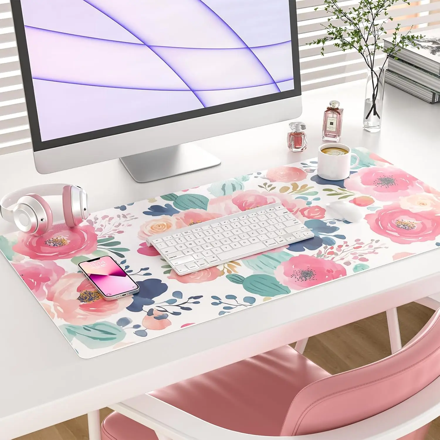 Large Mouse Pad Pink Floral Desk Mat for Women, PU Leather Waterproof Computer Laptop Protector, 31.5"x15.7" view 2