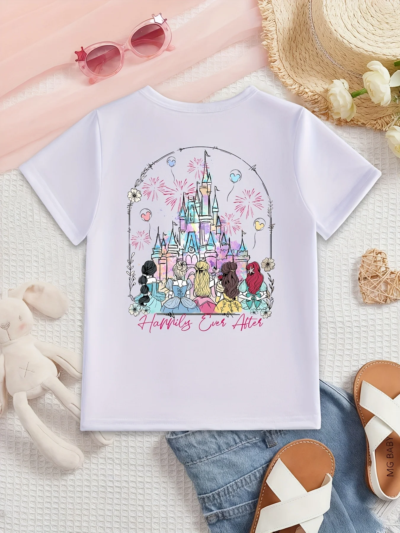 تي شيرت MINISO صيفي للفتيات بأكمام قصيرة من Disney Castle Princess Elements طباعة على الوجهين #3