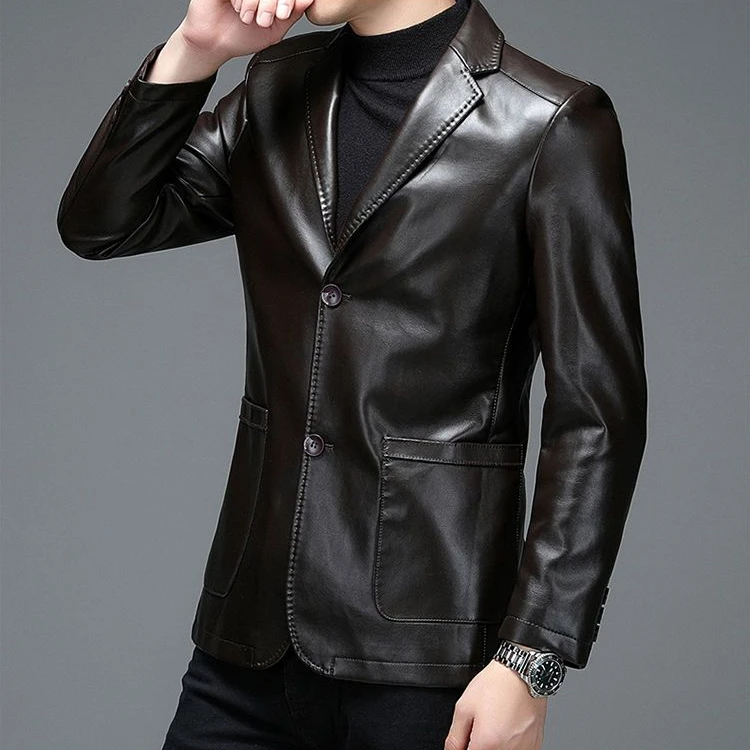 2024 Men Leather Jacket and Coats New Spring  Autumn  Business Casual Classic Real  Suit Collar Slim Jackets T730