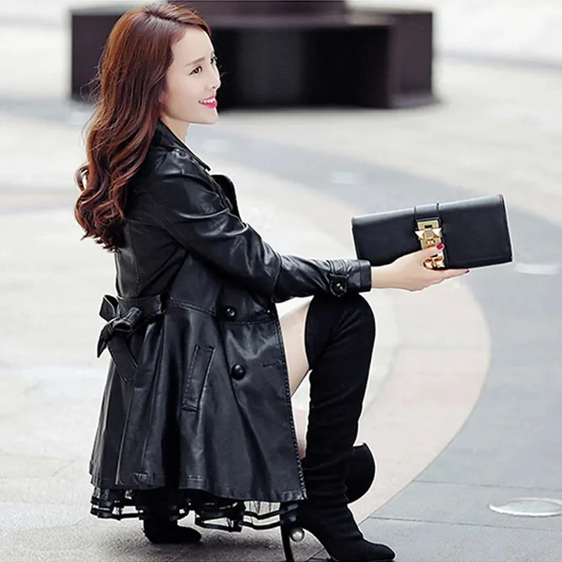 Autumn Winter New Mid-Length Women's Leather Jacket Korean Fashion Motorcycle Coat Female Faux Leather Windbreaker With Belt 5XL