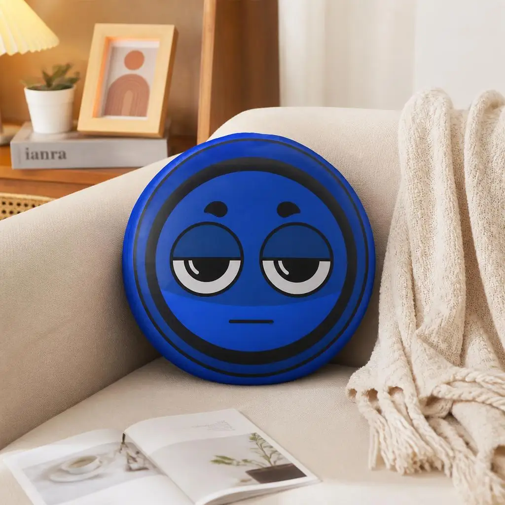 Sprunkies Jevin Blue Face Throw Pillow Round Stuffed Cushion Sleepy Cartoon Character Home Decor Sofa Accent Gift Living Room