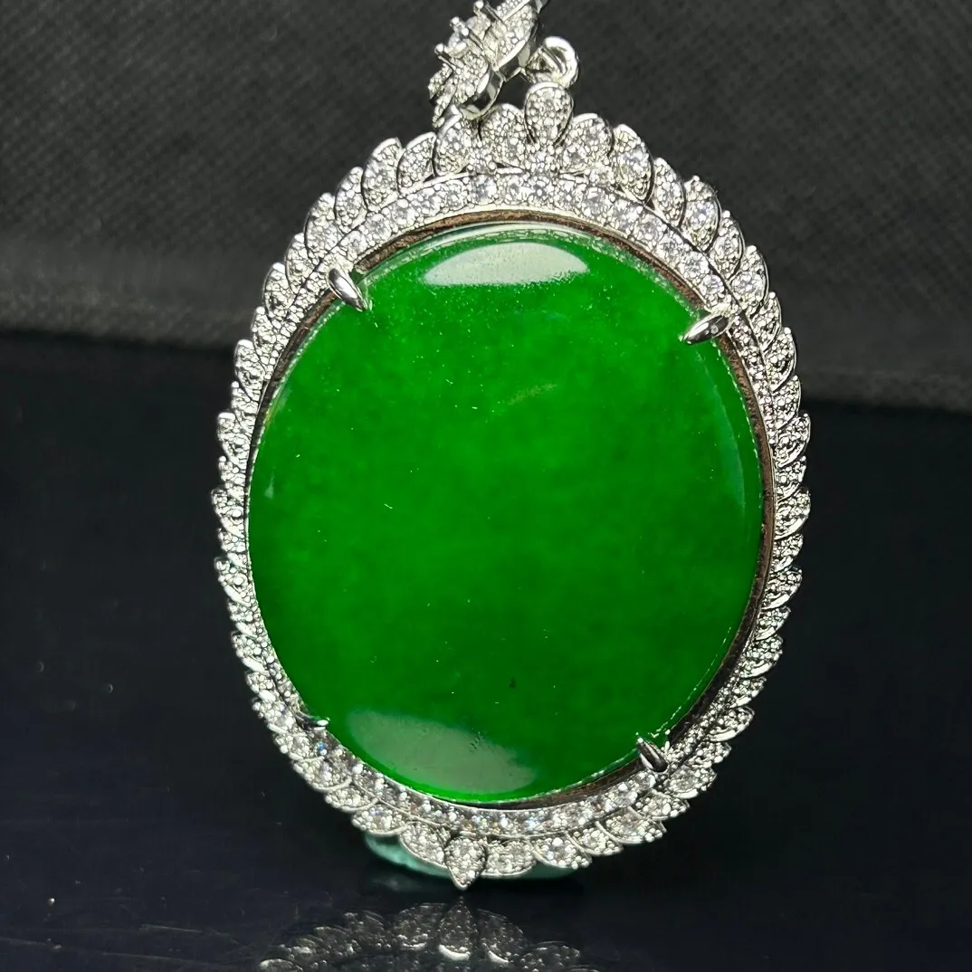 

Certified Natural high Ice Green Jade Jadeite Inlay egg face Pendant&Necklaces