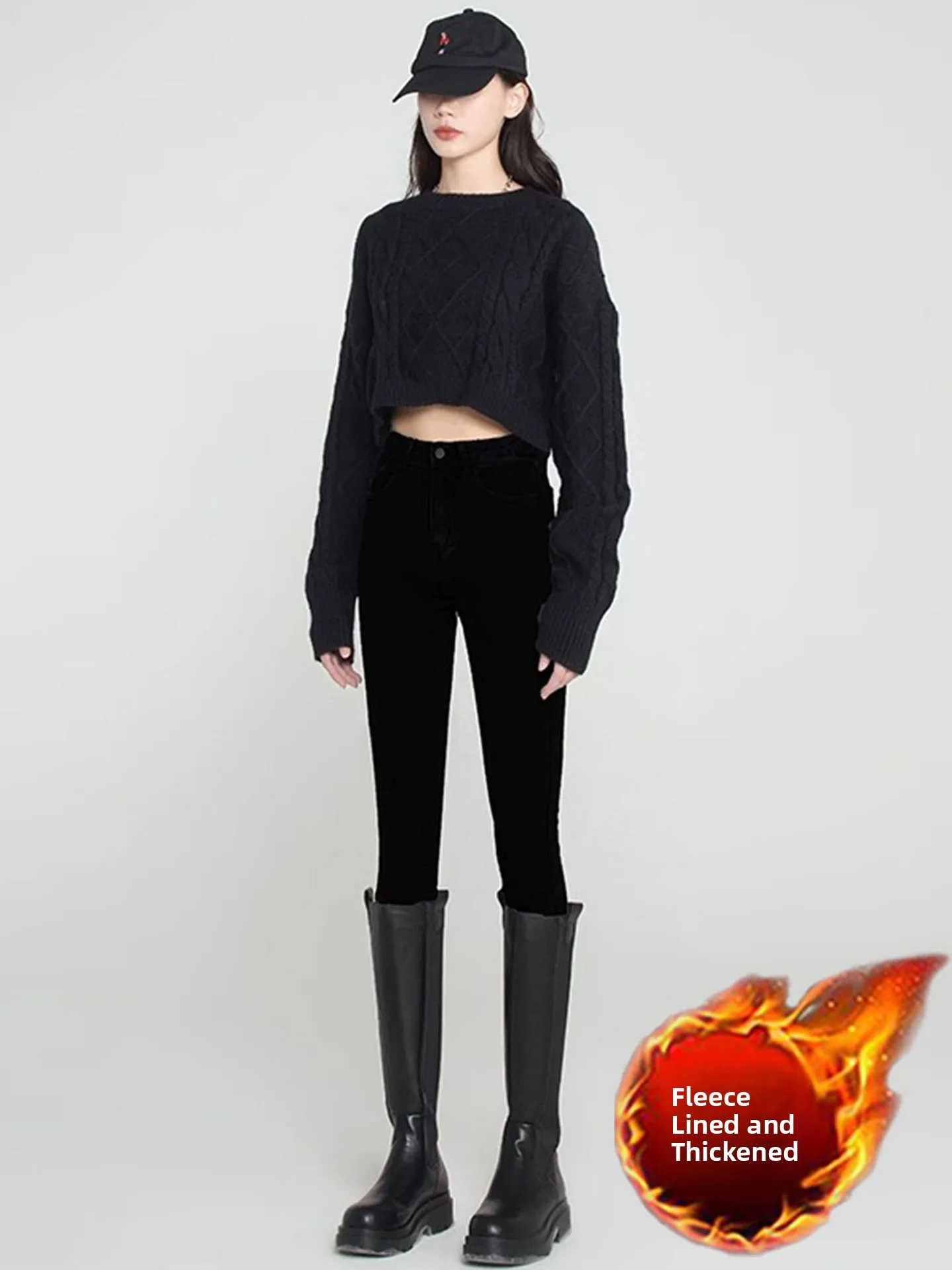 

High Waist Fce Lined Thiened Nine Points Women's Jeans Slimming Tight Fit Pencil Pants Casual Sle High Wear Resistant