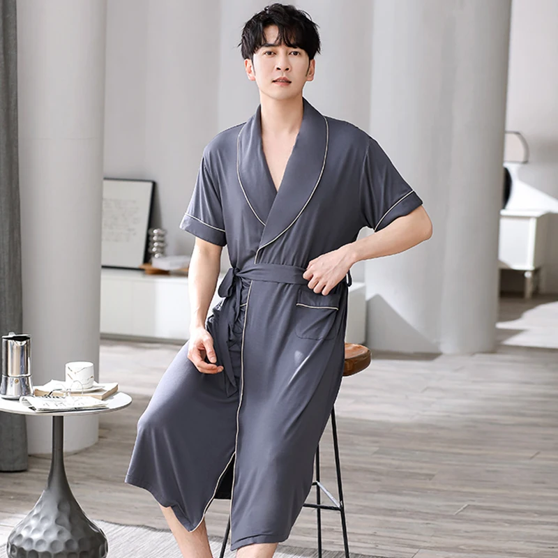Solid Color Sleepwear Men Bathrobe Belt Modal Pajamas Bath Robe Pockets Short Sleeve Men V-Neck Nightgown Cardigan Homewear