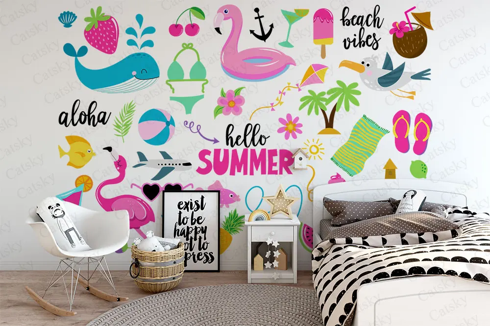 Animal Summer Pink Flamingo Wallpaper,Cute Children's Room Decorative Wallpaper,Custom Watercolor Peel and Stick Sticker Gift