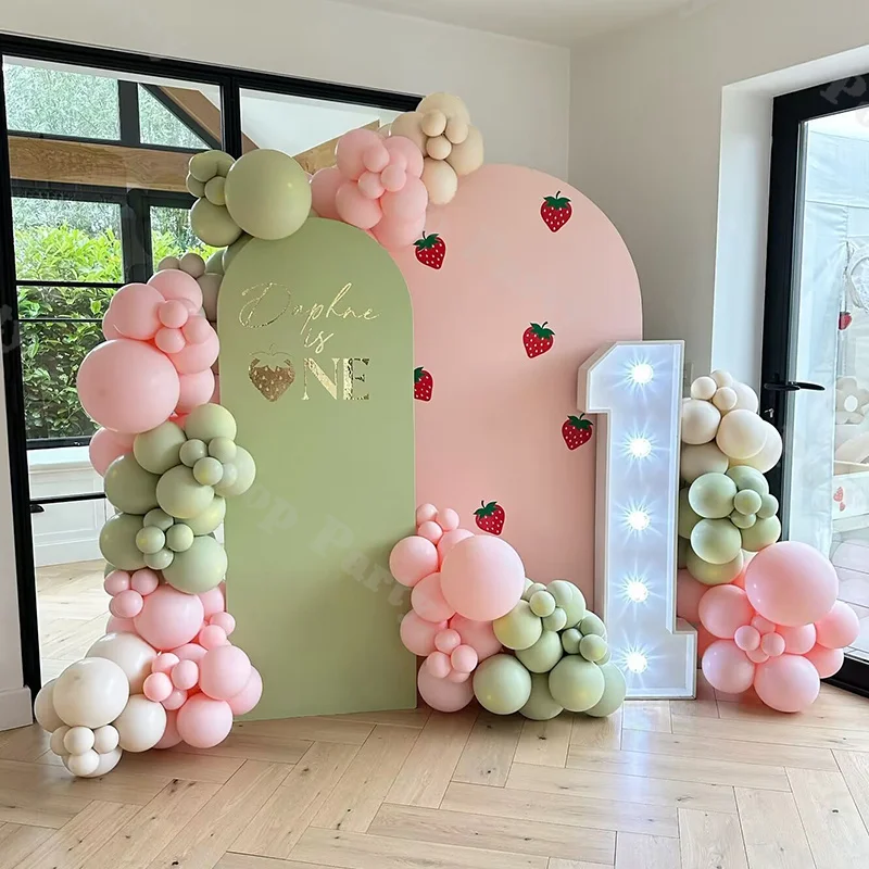 142pcs Strawberry Berry Party Macaron Pink and Pastel Sage Balloon Arch Set Kids Birthday Decoration Balloon First Birthday Part