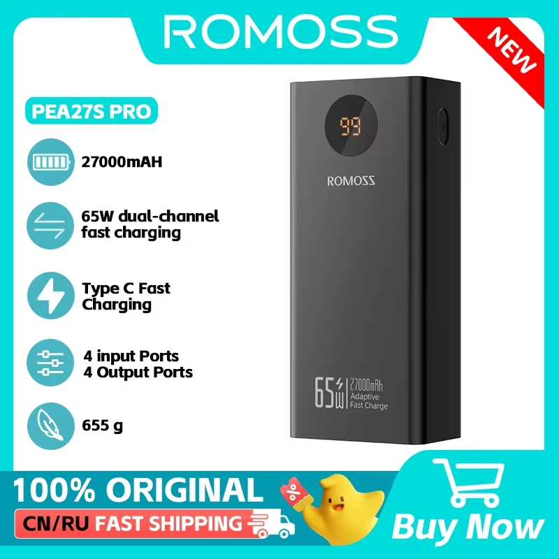 ROMOSS PEA27S PRO Powerful Power Bank 65W PD30W Fast Charging 27000mAh External Battery For Xiaomi 14 Xiaomi  iphone 15 Laptop