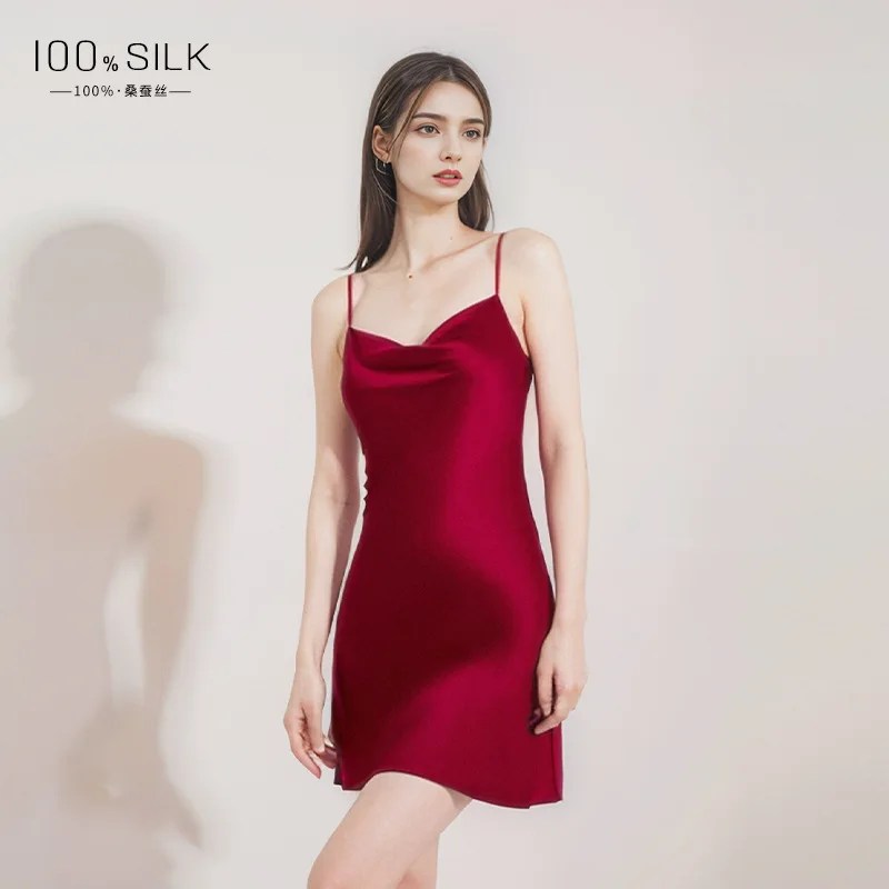 

Ночная рубашка из 100% шелка, женская сексуальная юбка на подтяжках с отложным воротником, домашняя одежда из 100% тутового шелка, пижамы