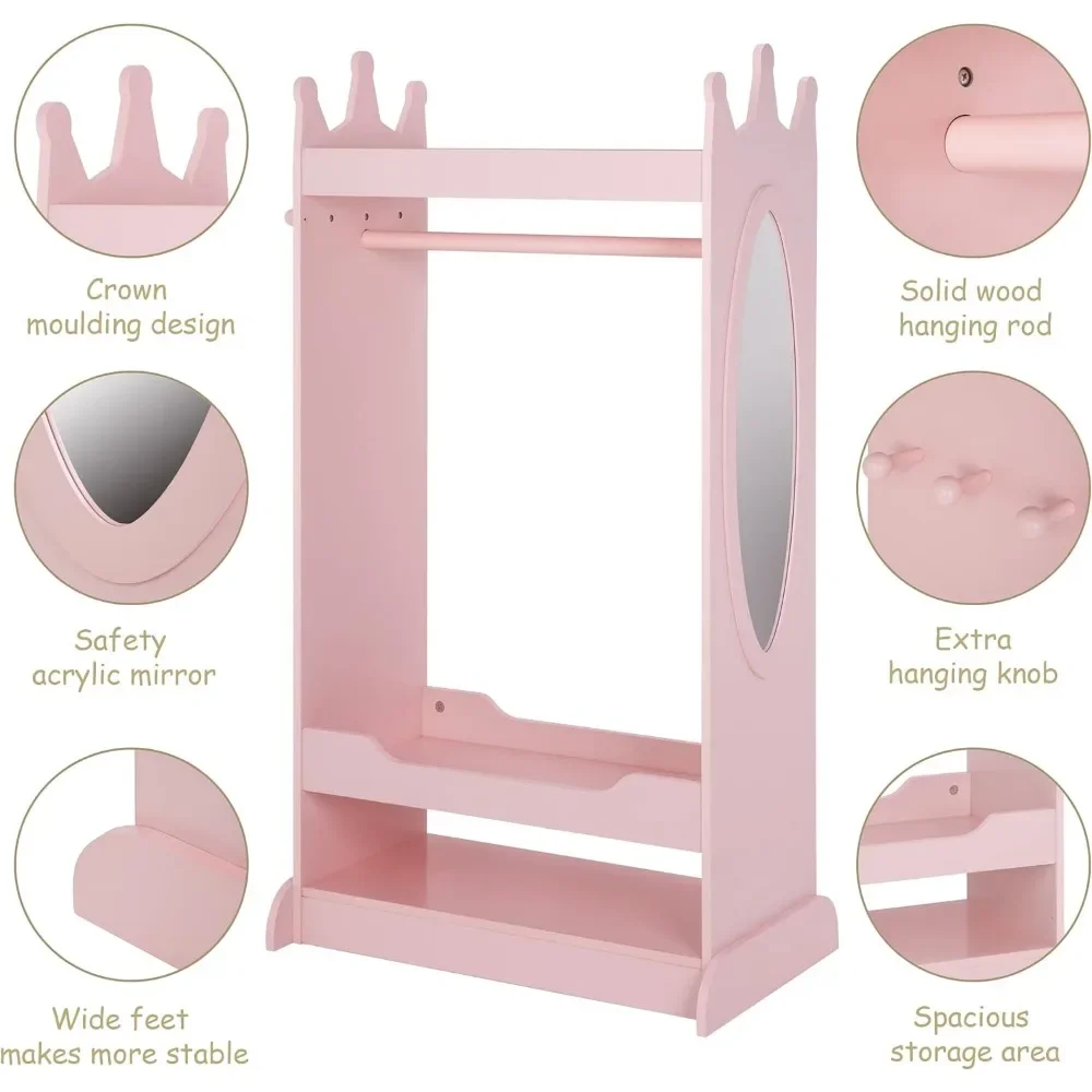 Kids Dress up Storage with Mirror,Costume Closet for Kids, Open Hanging Armoire Closet,Pretend Storage Closet for kids