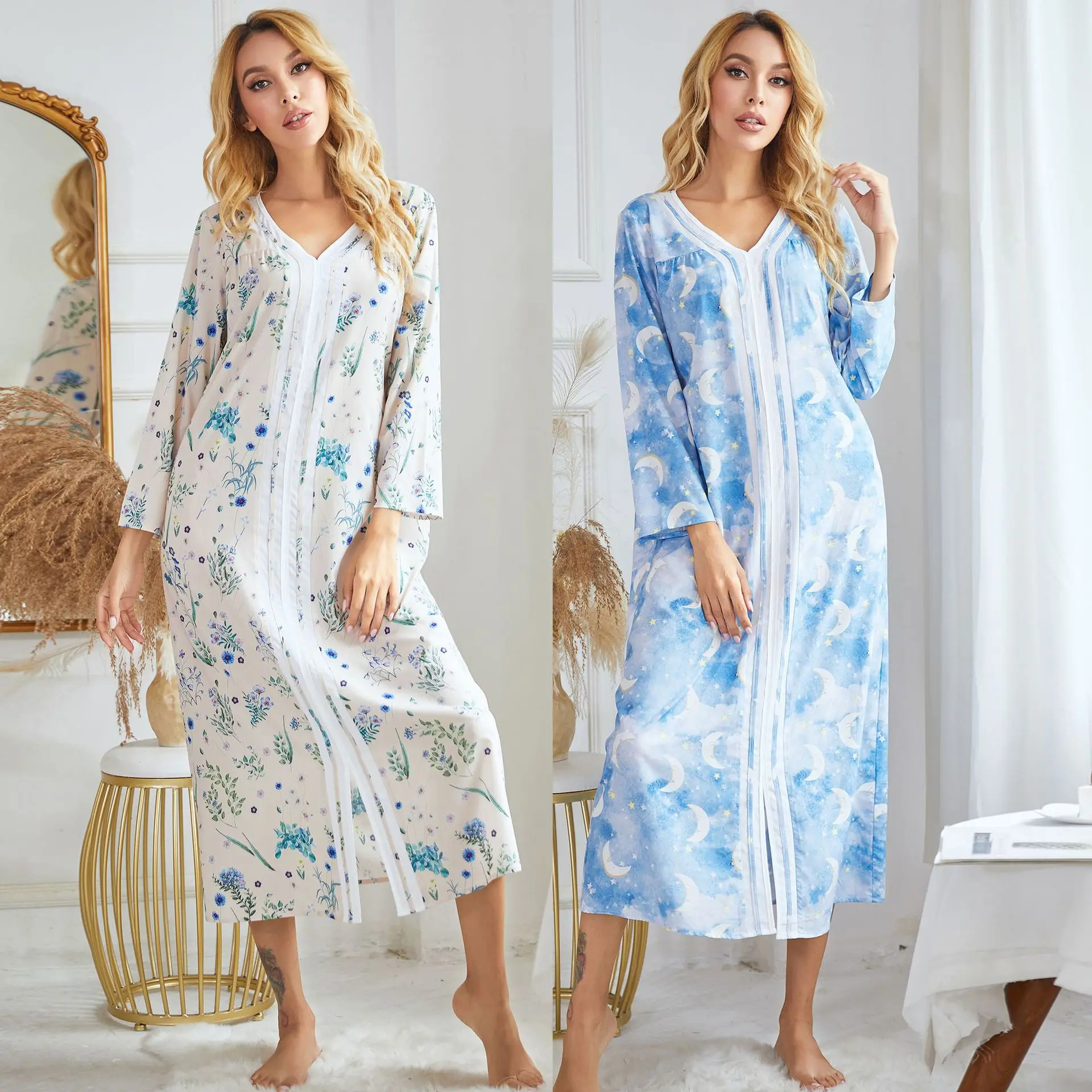 

Autumn Winter European American Women's Loungewear Nightdress Printing Long-sleeved Pullover Home Split Nightdress Women