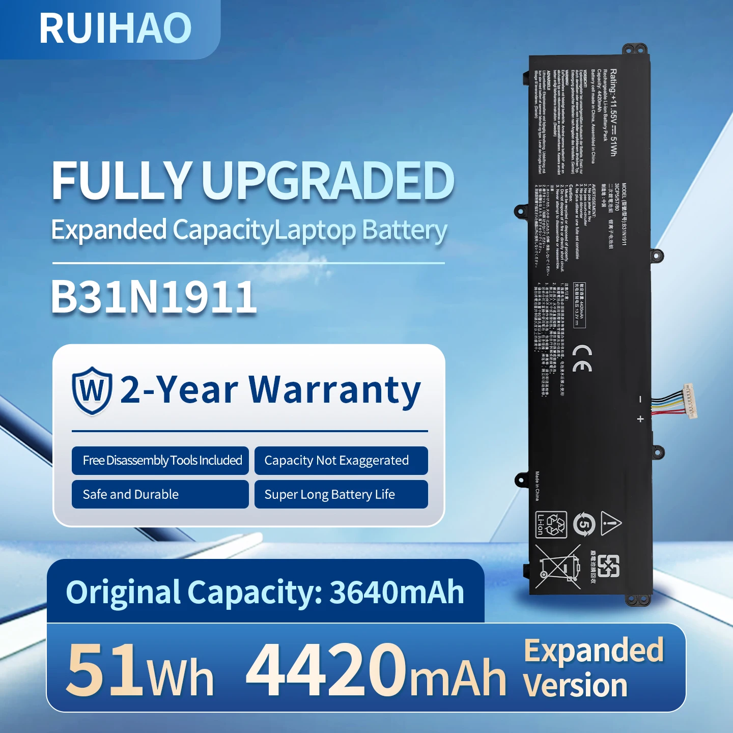 Newly Upgraded B31N1911 51Wh 11.55V Battery For ASUS Vivobook Flip 14 TM420 A413 S413 X421 M3400QA Redolbook14 X1502Z V4050E/F