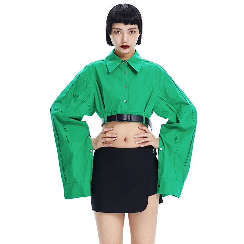 

Tiny in Ultra-ort Waist-Cinching Svel irt Women's Top Pure Color Commute Sle Long Sve High Waist