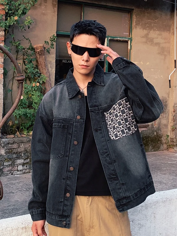 

Loose Fit Men's Denim Jaet American Sle Retro Waed Bla Outerwear Spring Autumn Casual Faion Brand Jeans Coat