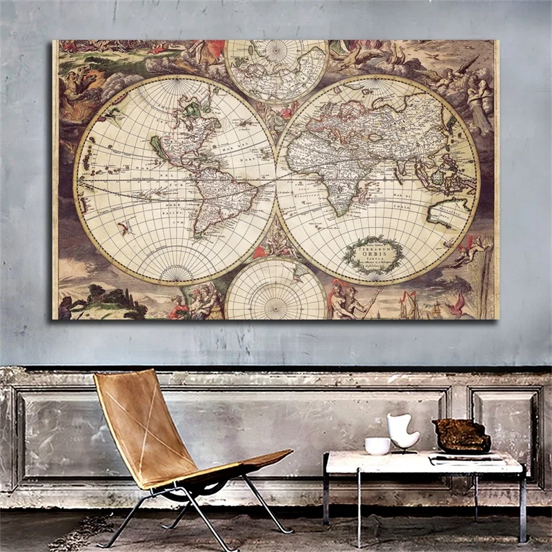 Wereldkaart Middeleeuwse Latin Art Poster Niet-geweven Canvas Schilderij Muur Decoratieve Prints Woonkamer Home Decor 59*42Cm