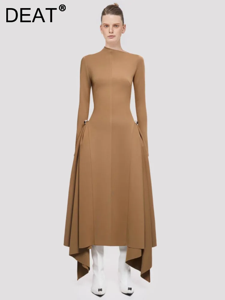 DEAT Elegant Dress Skew Collar Long Sleeves Waist Retraction Solid Color Asymmetric Hem Women's Dresses 2024 Autumn New 13DL7990