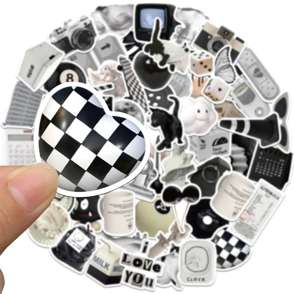 60PCS Ins Style Apathy Black White Simple Decals Cute Stickers Aesthetic Phone Notebook Suitcase Laptop Fridge Wall Sticker