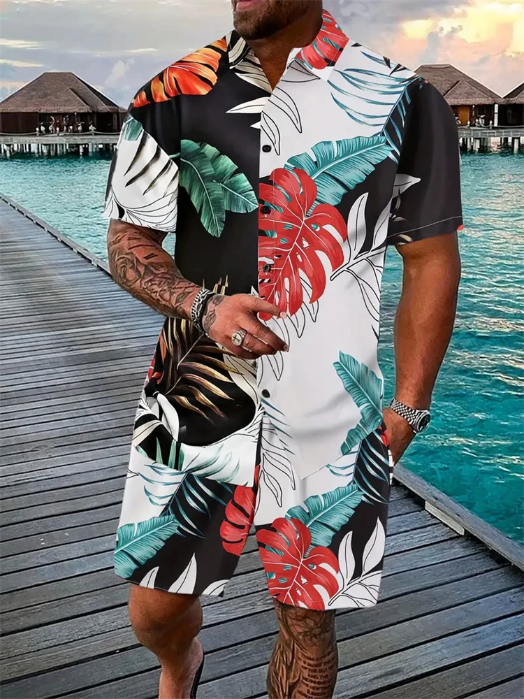 Koszula męska Beach Coconut Tree Ponadwymiarowy garnitur hawajski z nadrukiem 3D Krótki rękaw Casualowa koszula Szorty 2-częściowy zestaw Streetwear