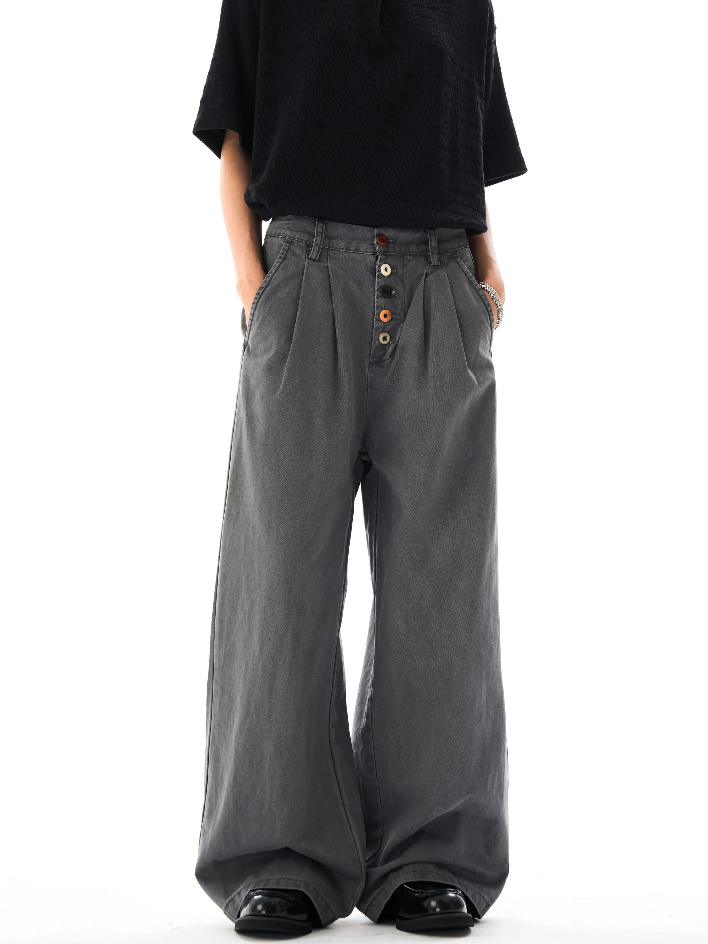 

J LONE American Retro Button Design Cleanfit Work Pants Men's Loose Straight Leg Wide Leg Casual Trousers ex