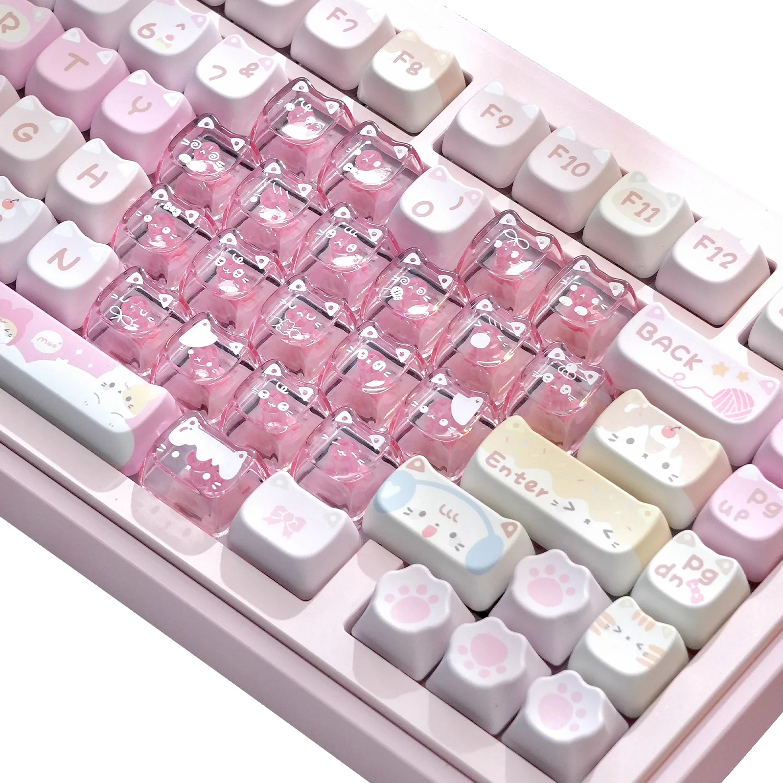 Love Heart Pink Transparent Kitty Team MAO Profile 21-Key Set PC Keycaps for Mechanical Keyboard Customizable Color Theme
