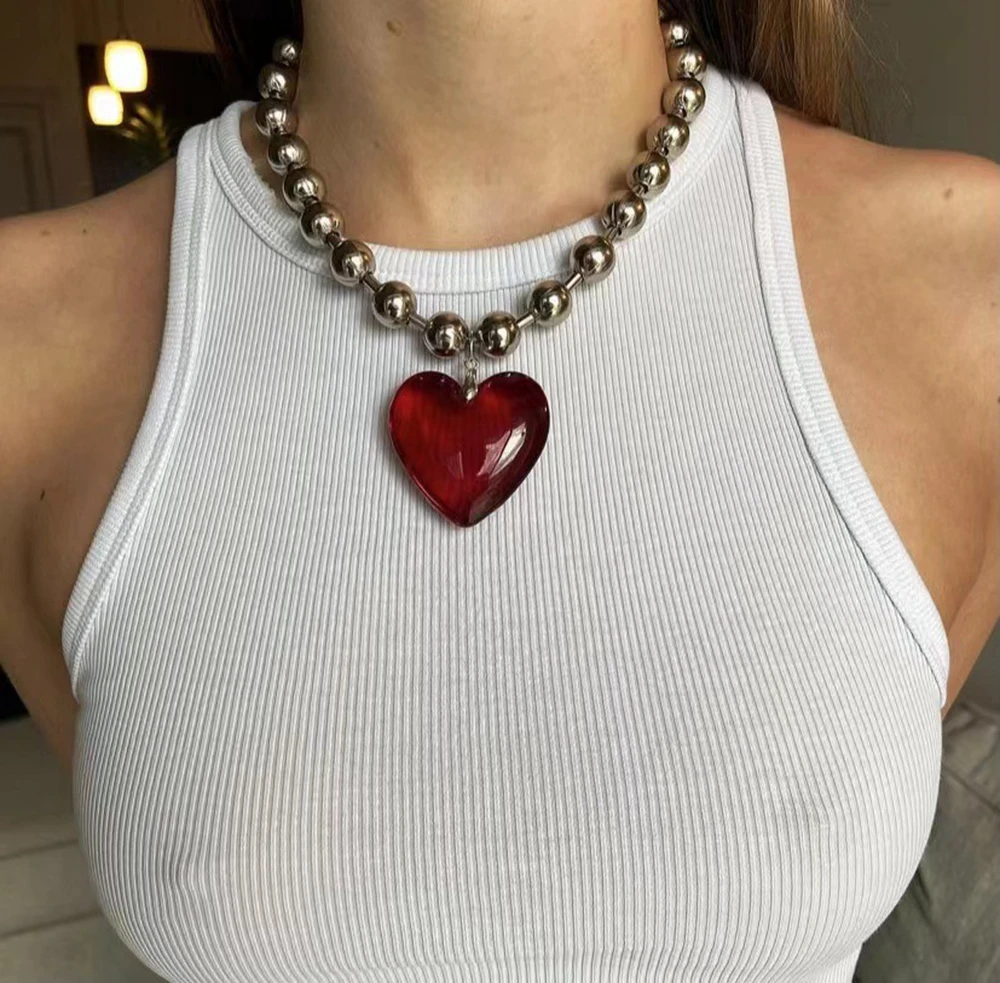 Grunge Fashion Glass Heart Pendant Necklace Y2K Oversize Ball Beads Chain Statement Choker Necklace for Women Club Punk Jewelry