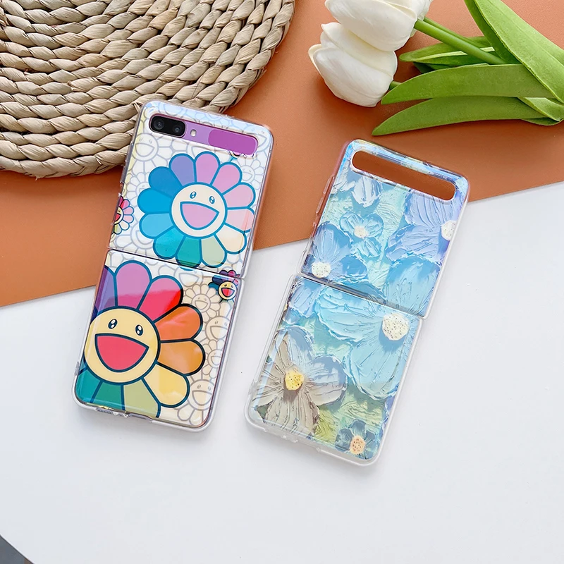 

ZFlip Funda Case For Samsung Galaxy Z Flip 1 2 3 Blue Light Sunflower Oil Painting Flower Pattern Soft Mobile Phone Case Cover