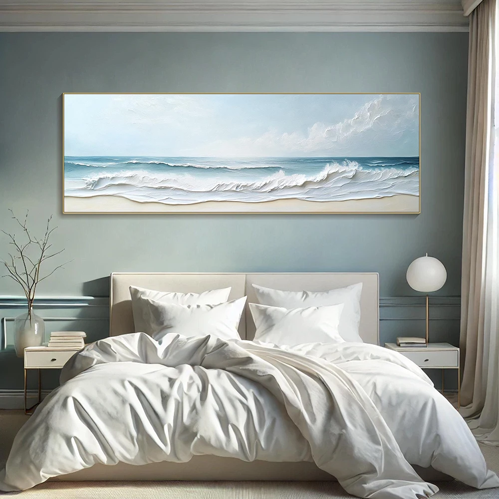 Art mural texturé 2D, peinture de vagues océaniques sur toile, art mural panoramique de plage côtière, vue sur la mer pour chambre à coucher, sans cadre
