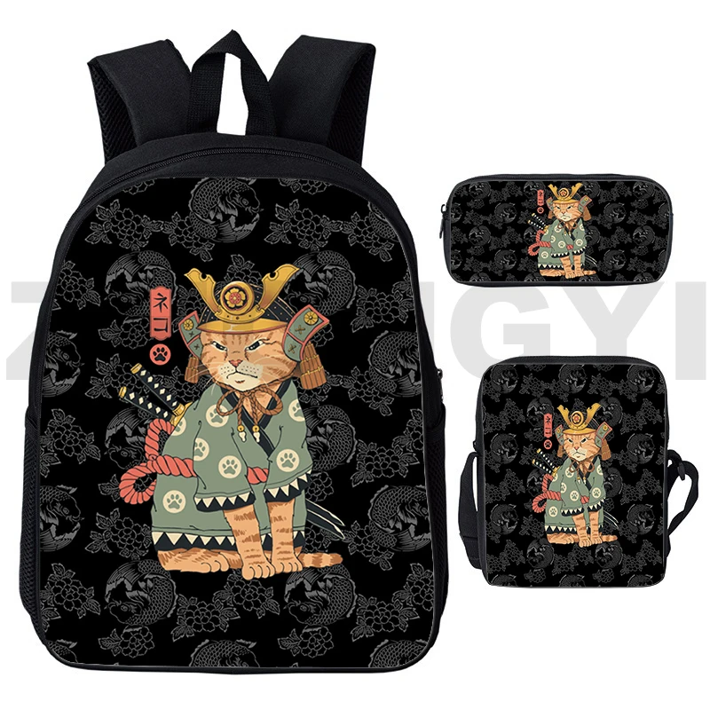 Mochila escolar bonito gato samurai para alunos primários, Harajuku Anime japonês saco para meninos, mochila de viagem esportiva, bolsa crossbody, 3 pcs por conjunto