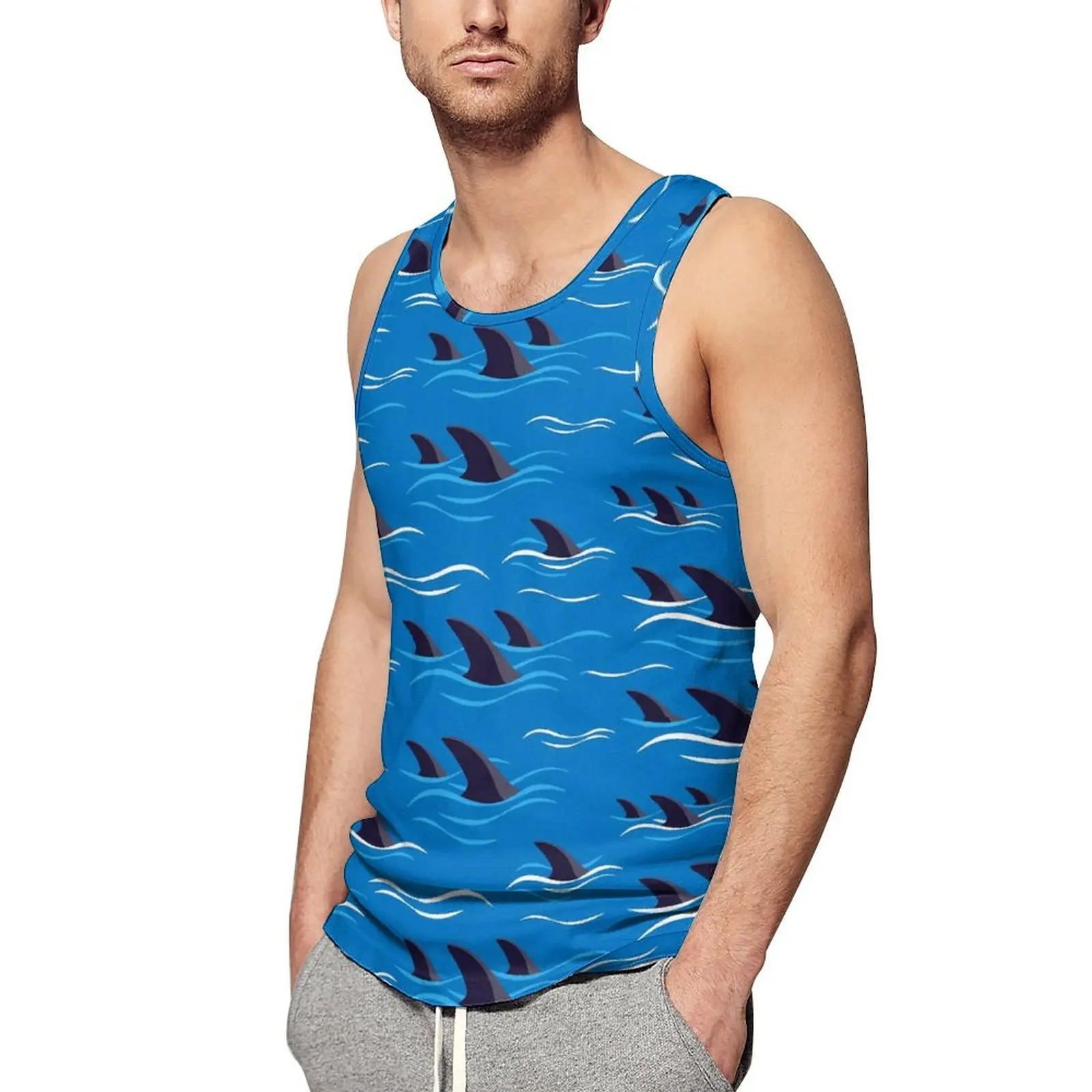 Shark Fin Print Tank Top Male Waves Gym Oversized Tops Summer Vintage Printed Sleeveless Shirts