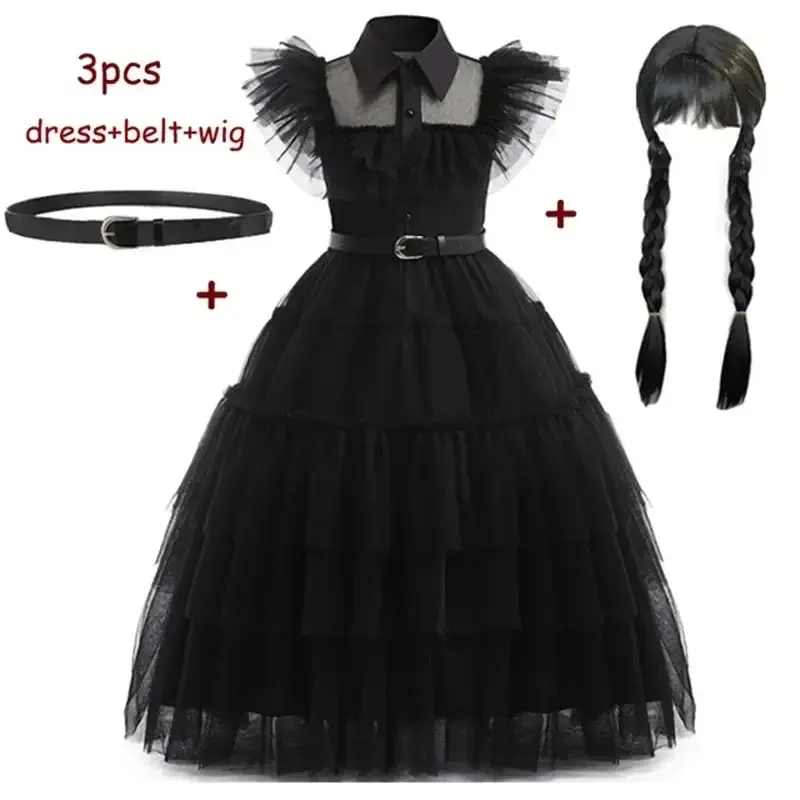 Wednesday Addams Costume Girls For Kids Addam Vestidos Mesh Gothic Black Color Party Dresses Carnival Cosplay Halloween Costume