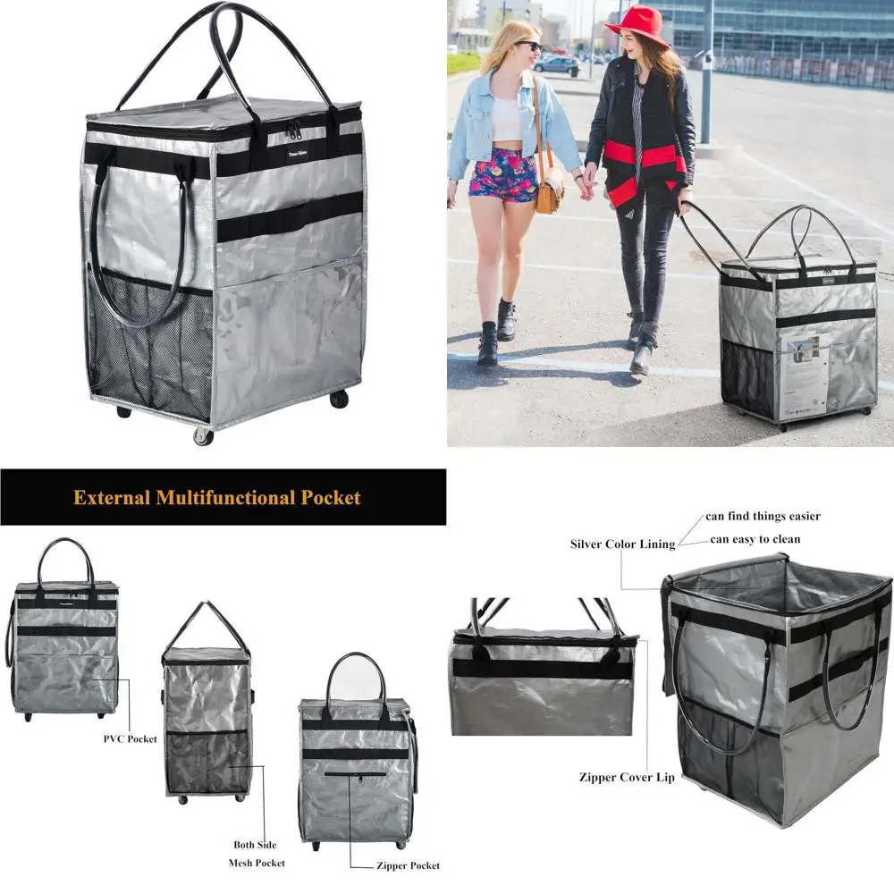 

Большая вместительная тележка для продуктов на колесиках со складной конструкцией и внешним карманом, прочная ручка (серебристая)