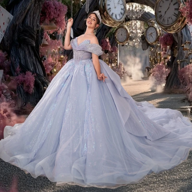 

Blue Shiny Quinceanera Dresses Off Shoulder Ball Gown Sweet 16 Dress Applique Lace Beading Tull Birthday Party Vestidos 15 Anos